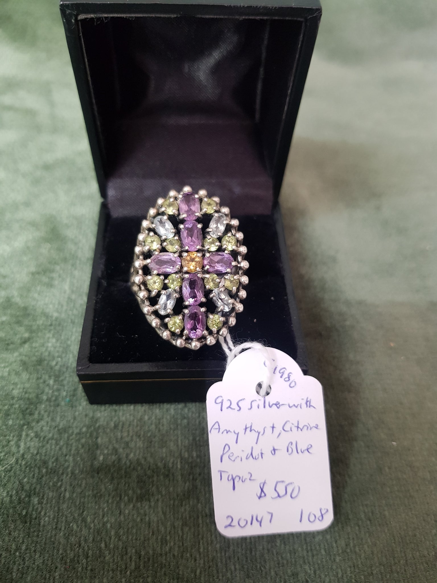 Silver ring with Amethyst, Peridot, Blue Topaz and Citrine stones c1980 #108