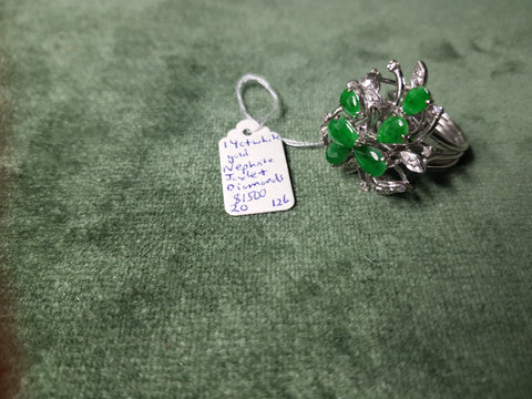 14ct White Gold, Nephrite Jade and Diamonds ring #126