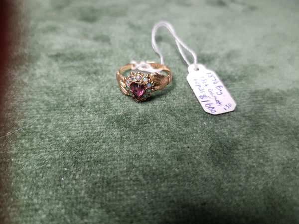 c1876 Regard Ring 15ct Gold Garnets and Opals #130