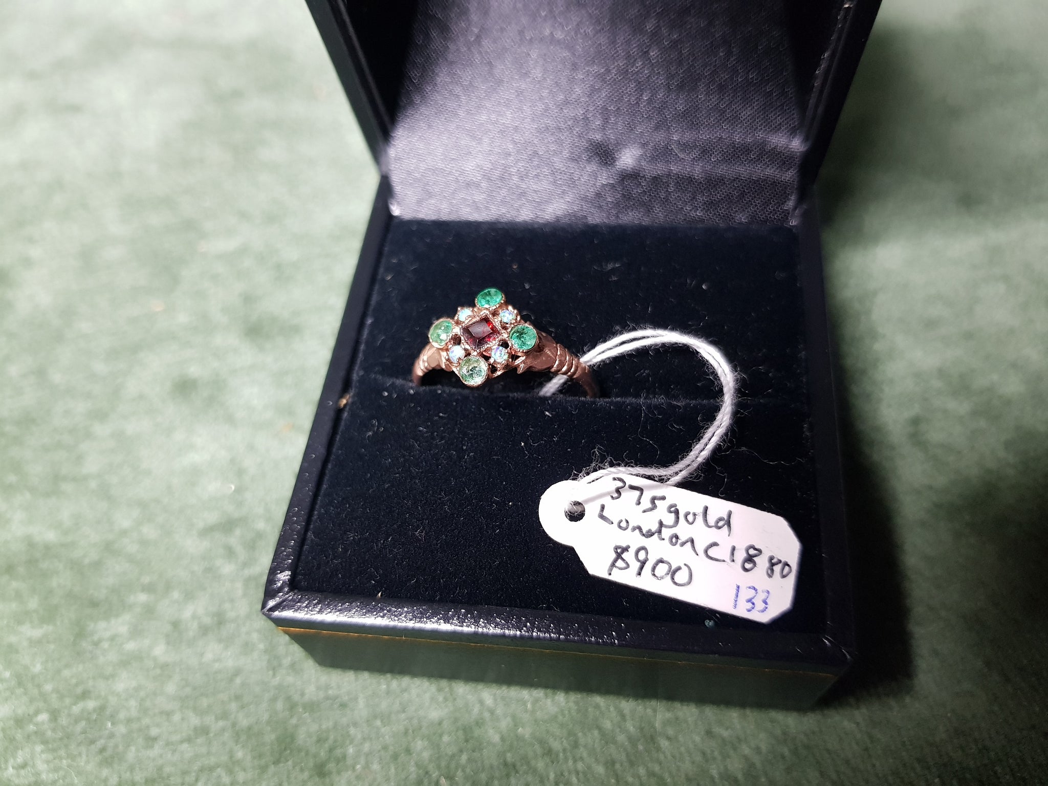 c1880 London 375 Gold, Emeralds, Garnets and Opals ring #133