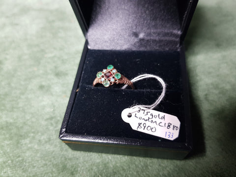 c1880 London 375 Gold, Emeralds, Garnets and Opals ring #133