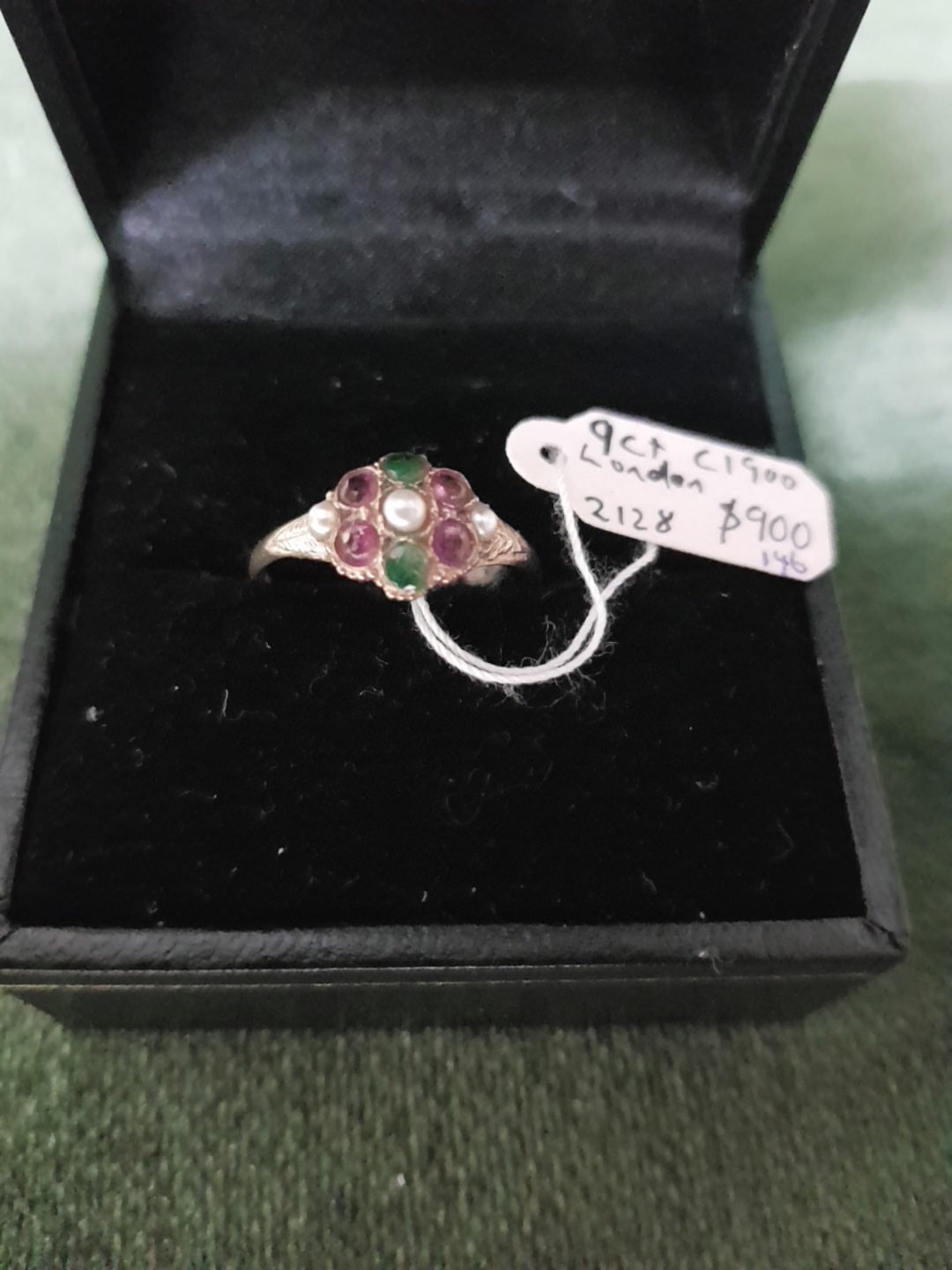 c1900 London 9ct Gold, Garnets, Pearls and Emeralds ring #146