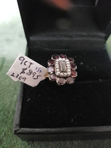 c1923 9ct Gold, Garnets, Crystal Seed Pearls ring #154