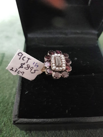 c1923 9ct Gold, Garnets, Crystal Seed Pearls ring #154