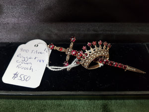 c1970 900 Silver dagger and crown brooch, 20 Garnets 1 Paste stone, 27 Seed Pearls, French #184