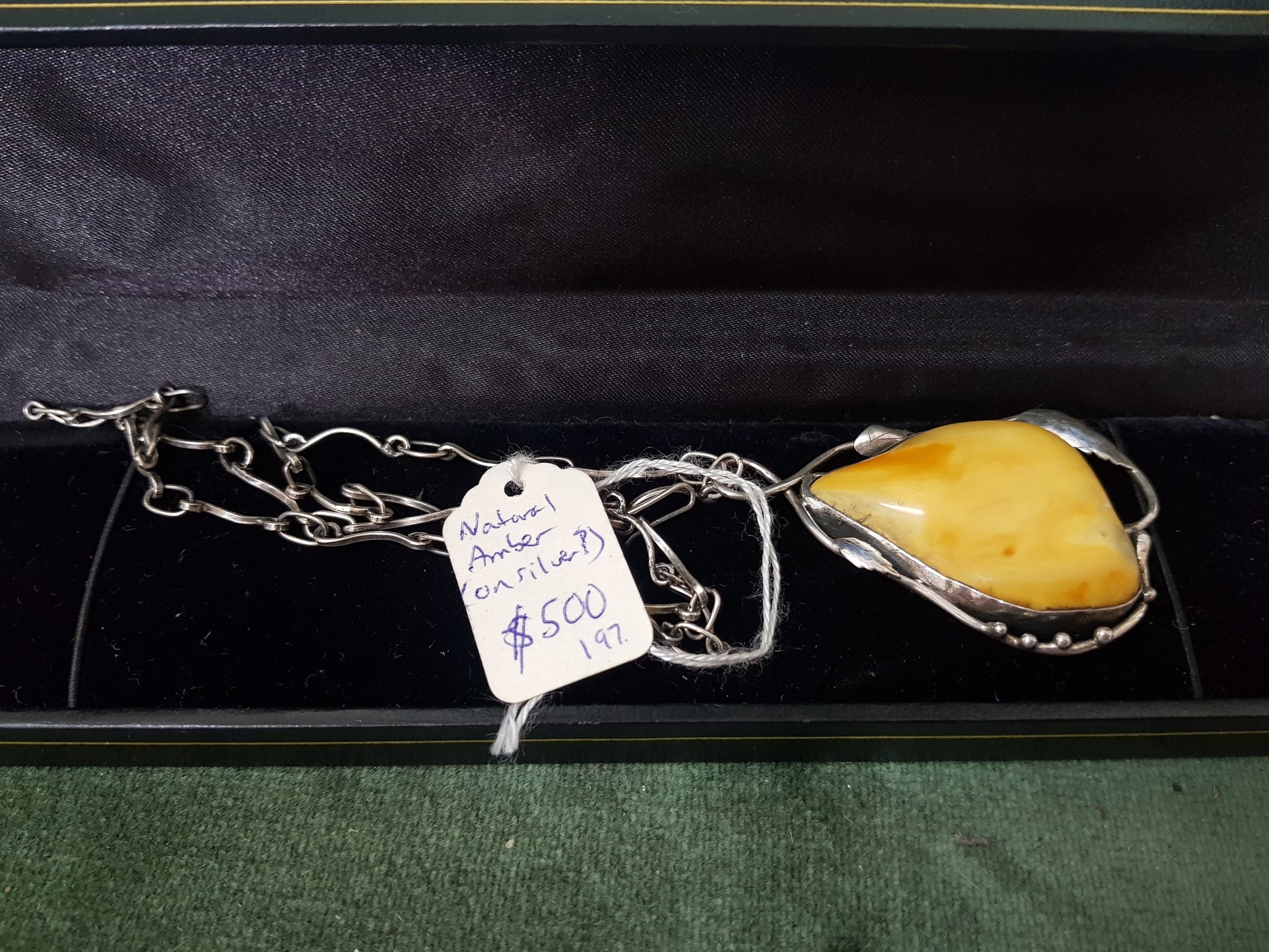 Natural Amber pendant on ? Silver chain #197