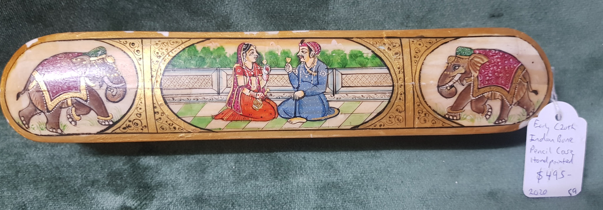Indian painted + gilded pencil case Early c20th Bone 23.5cm long 4.5cm high 4.6cm wide #59