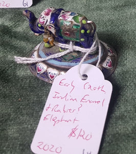 Early c20th India enamel and rubies? Elephant c1930 4.5cm across 3.6cm tall #64