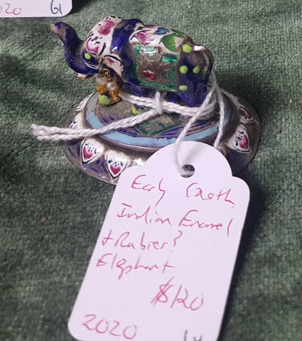 Early c20th India enamel and rubies? Elephant c1930 4.5cm across 3.6cm tall #64