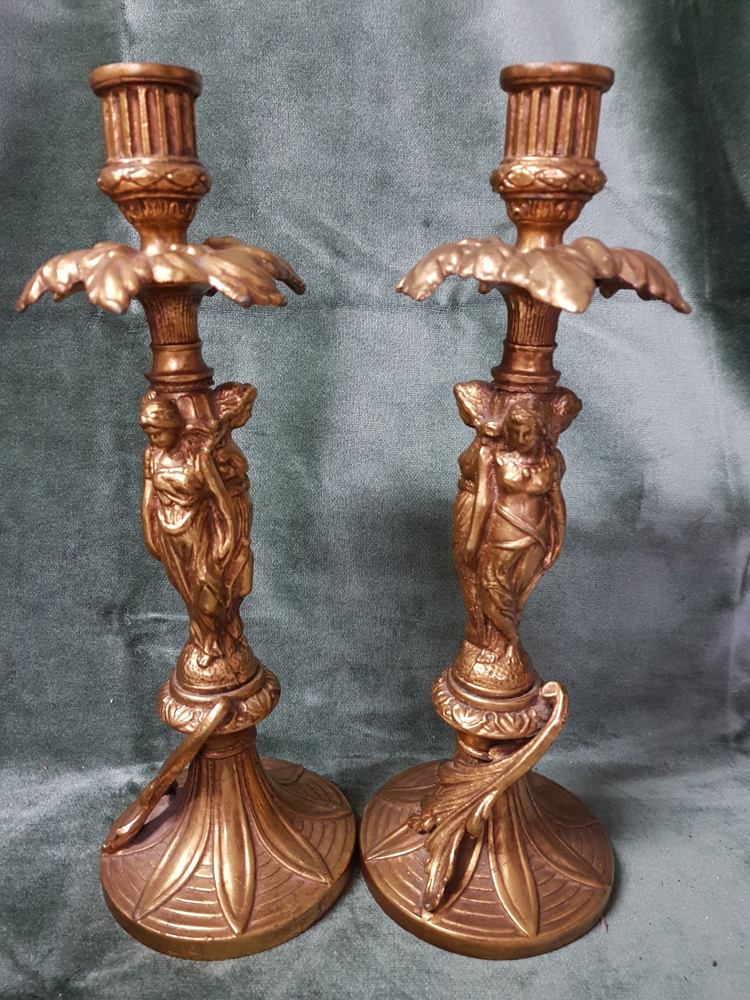 C19th Pair French gilt metal figural candlesticks 13cm tall 10.5cm dm #213