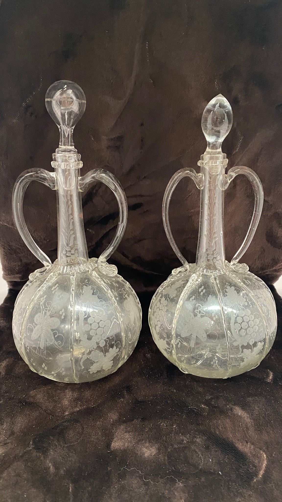 23cm Pair Etched Glass Decanters (1x All faults) c.1800