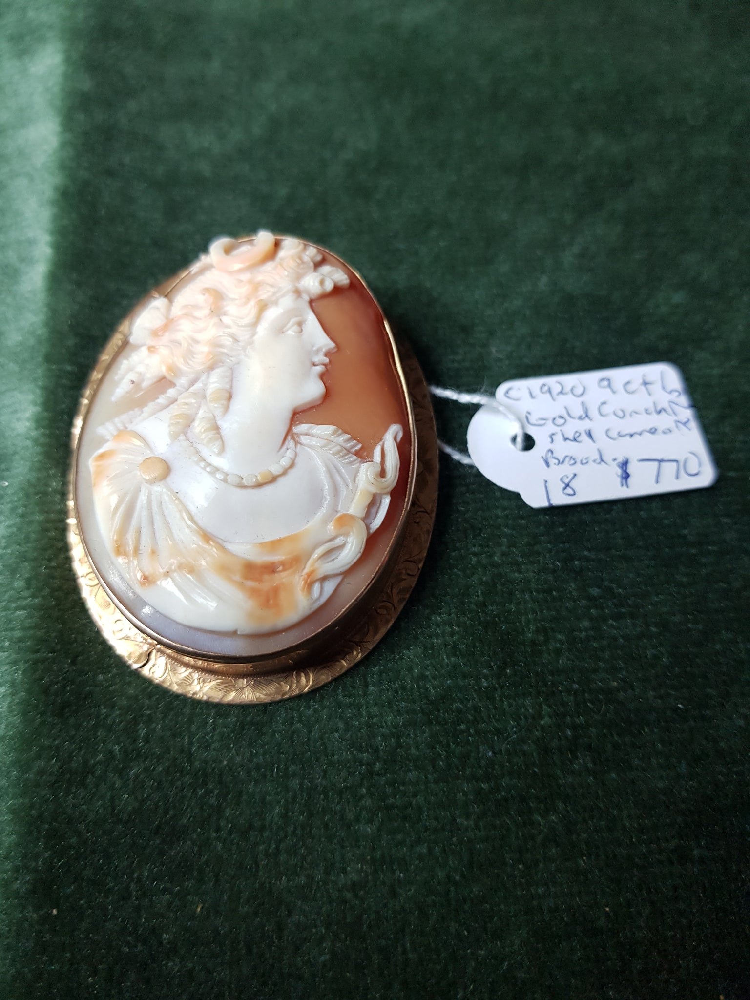 c1920 9ct Gold conch shell cameo brooch #275