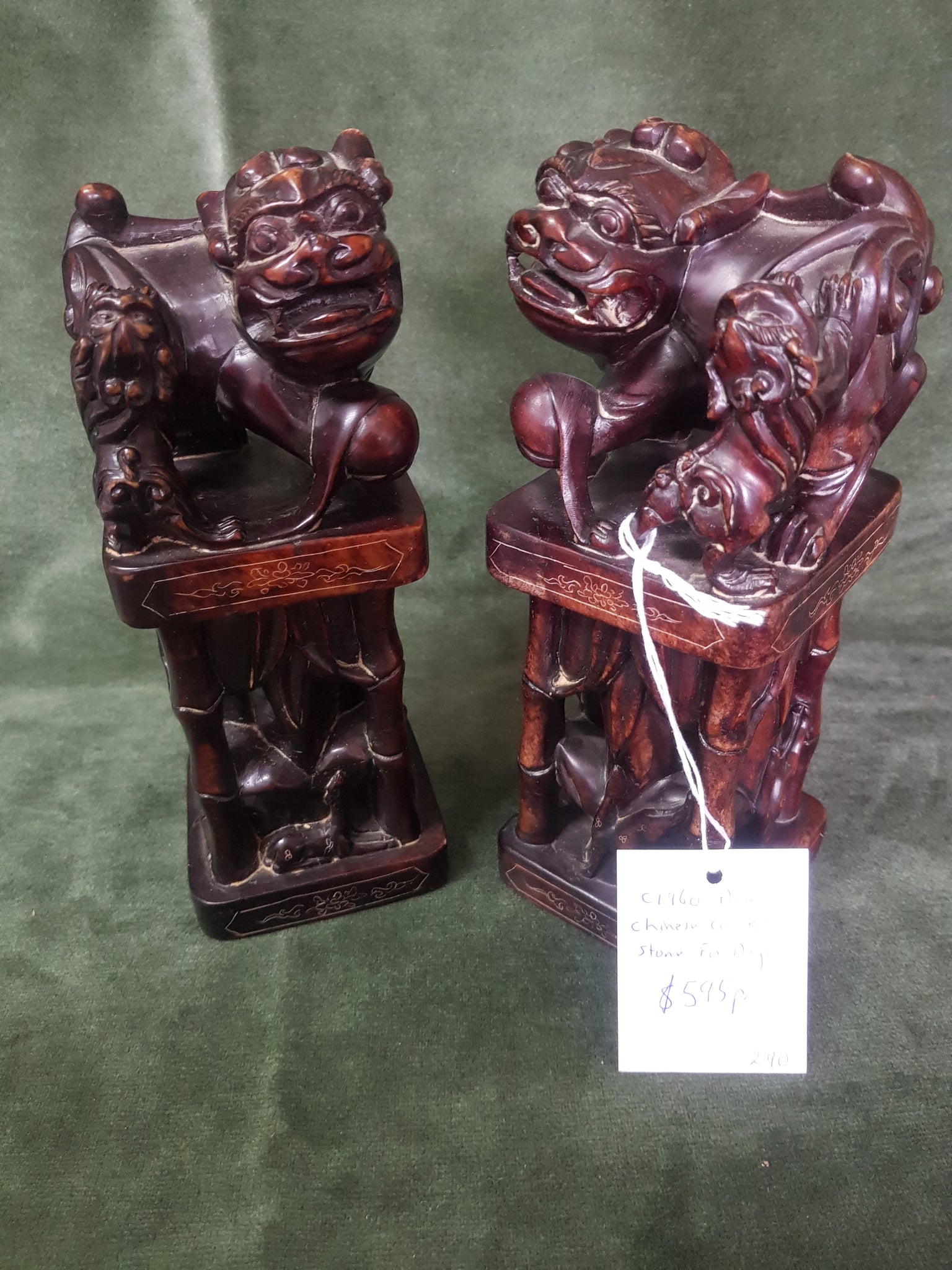 Pair Mid C20th carved stone Fo dogs with deer 19.5cm tall, 7.5cm deep, 7.3 cm across #290