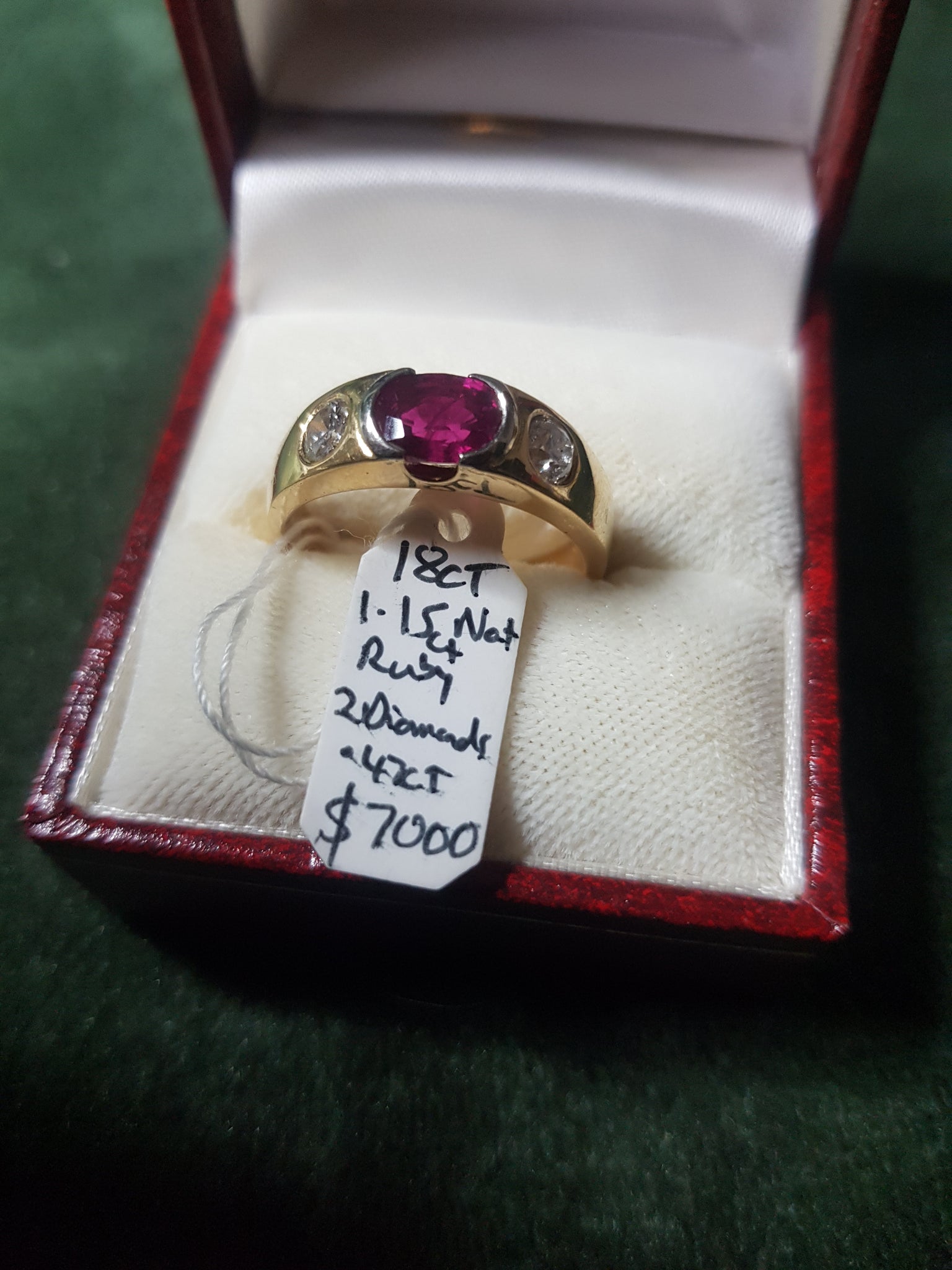 c2010 18ct Gold ring, 1.15ct natural Ruby, 2 x Diamonds totalling approx 0.47ct #301