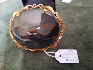 c1930 gilt and natural Agate brooch #317