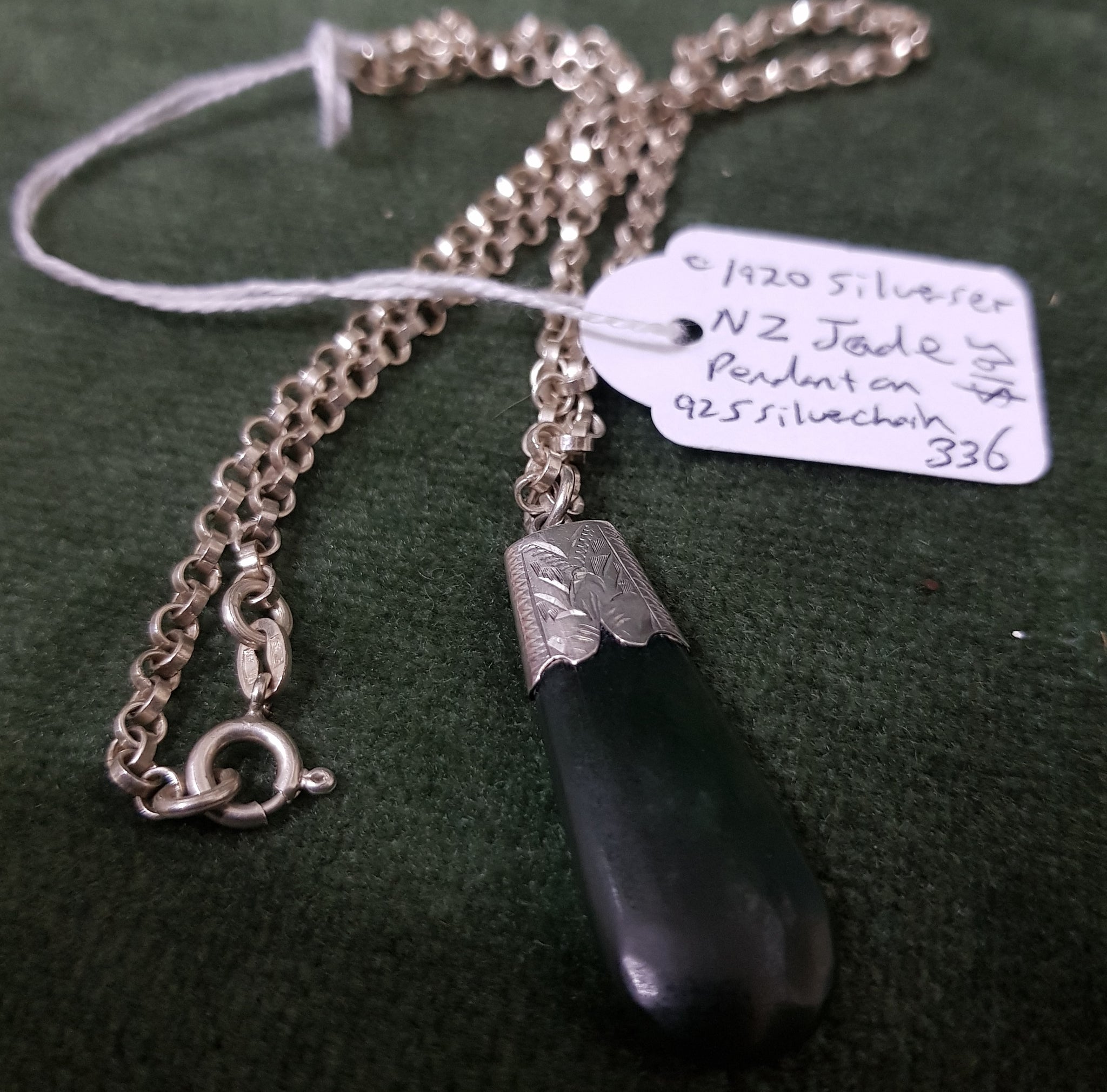 c1920 Silver set NZ Jade Pendant on 925 silver chain #336