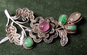 c1930 Chinese Silver (low grade) brooch with Jade and Rose Quartz #350