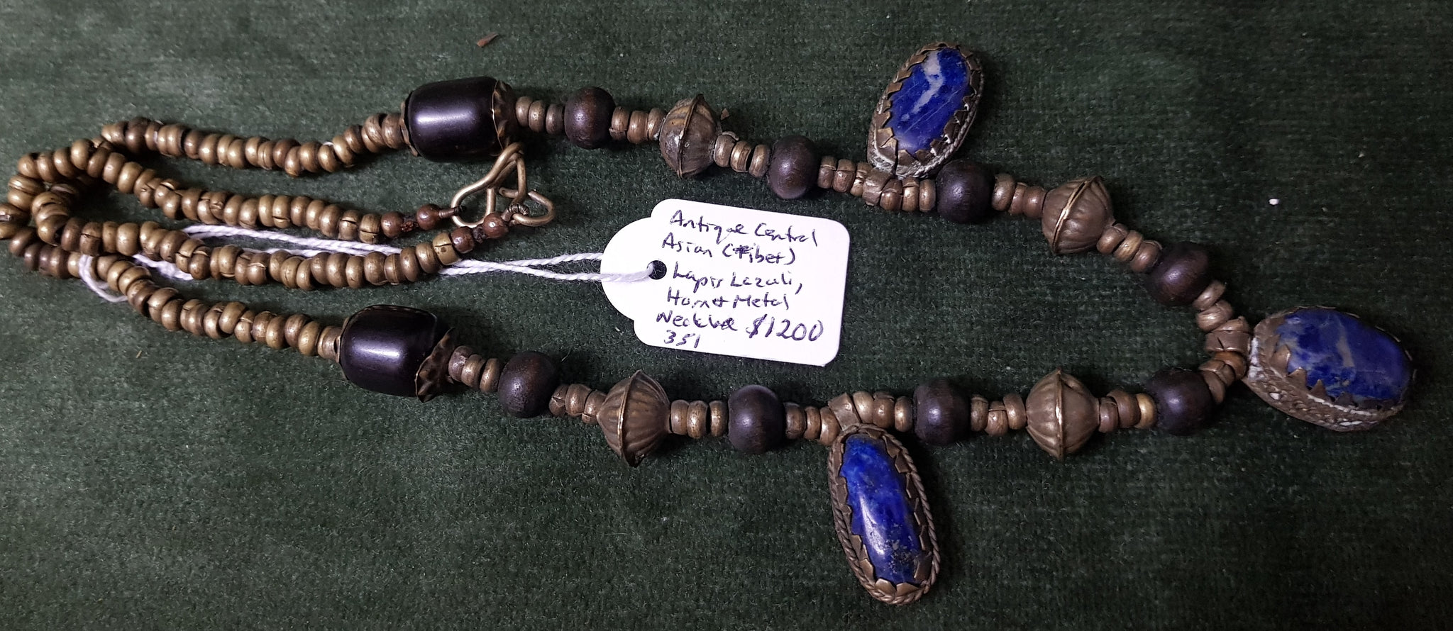 Antique central Asian (Tibet) Lapis Lazuli and horn and metal necklace #351