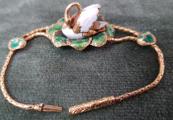 (Possibly) C18th Renaissance revivial 18ct yellow Gold (tested) enamelled swan bracelet with locket at base. Antique #363a