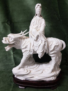 Late C19th late Qing Blanc de Chine ceramic Guan Yin on a Qi Lin, Chinese 31cm tall 26cm wide 12cm deep #384