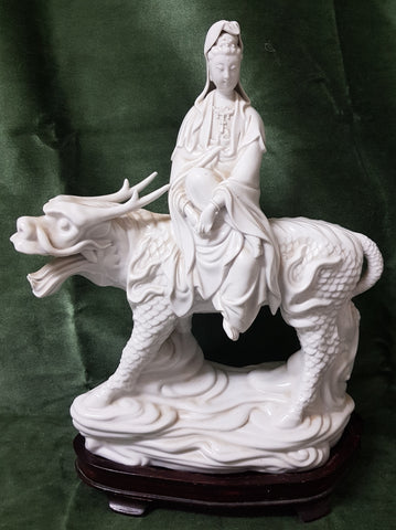 Late C19th late Qing Blanc de Chine ceramic Guan Yin on a Qi Lin, Chinese 31cm tall 26cm wide 12cm deep #384