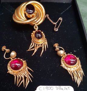 c1900 3 piece set, Garnet set in 18ct Gold and then Gold gilded, Gold and Garnets tested, European #389