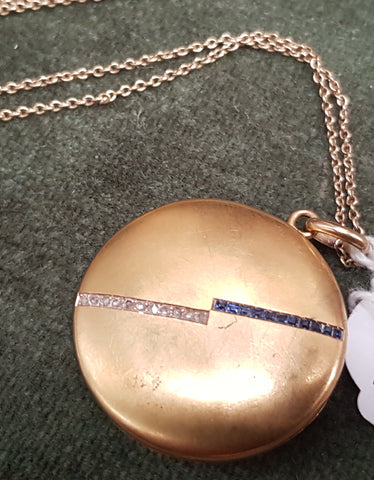 c1940 14ct Gold and Diamonds and Emeralds locket, gilt finished, 9ct chain #395