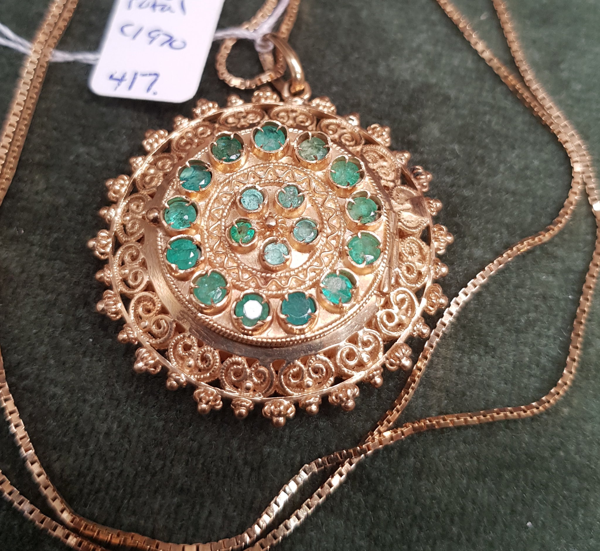 c1970 18ct Gold and natural Emeralds pendant 28gm total #417