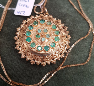 c1970 18ct Gold and natural Emeralds pendant 28gm total #417