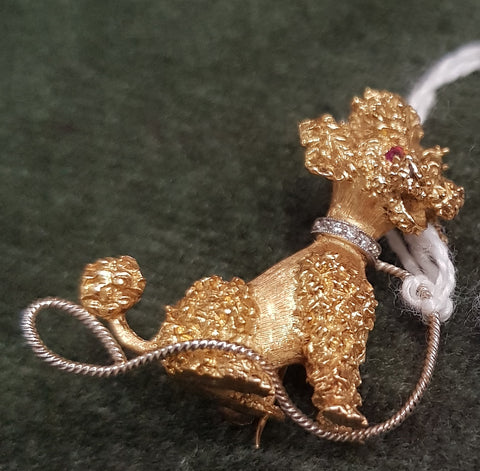 c1960 18ct Gold Diamonds and synthetic Rubies poodle brooch #418