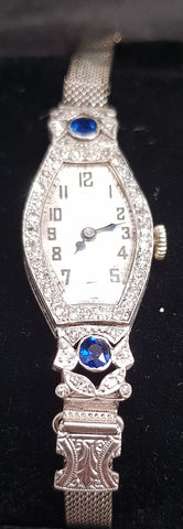 c1930 18ct white Gold Rolex ladies watch with Sapphires and Diamonds (white Gold plated band) #420