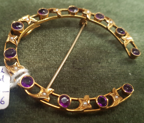 c1950 14ct Gold brooch Seed Pearls and Paste brooch #426