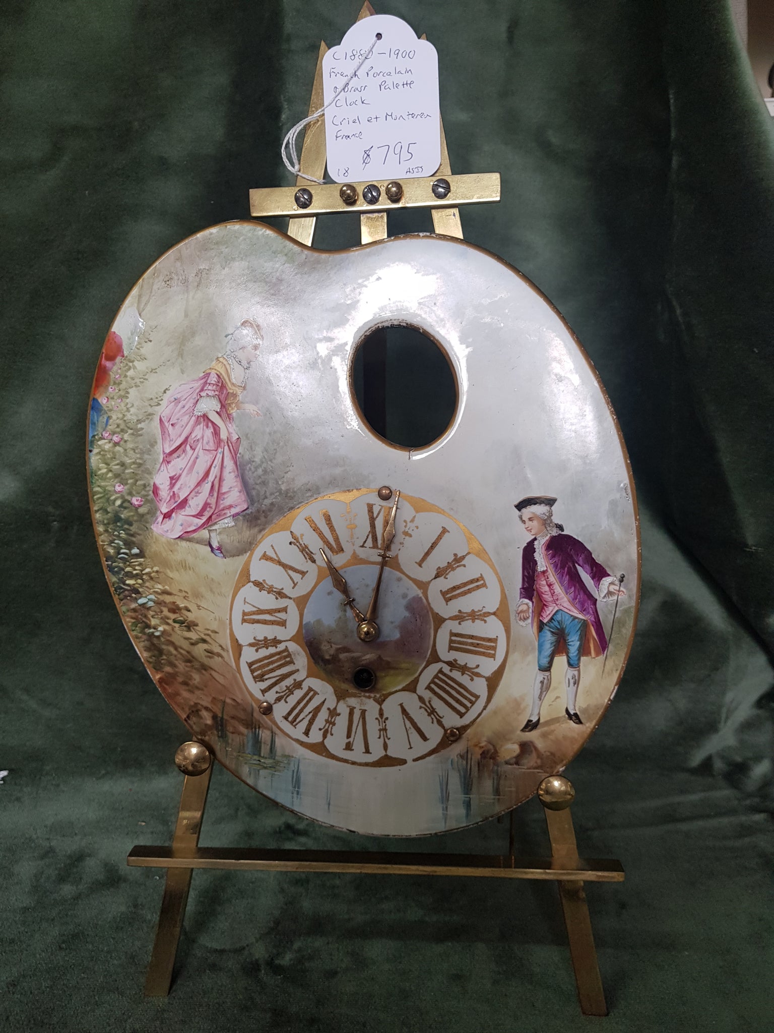 c1920 French porcelain clock with brass stand (25cm across 29cm tall, clock only) #74