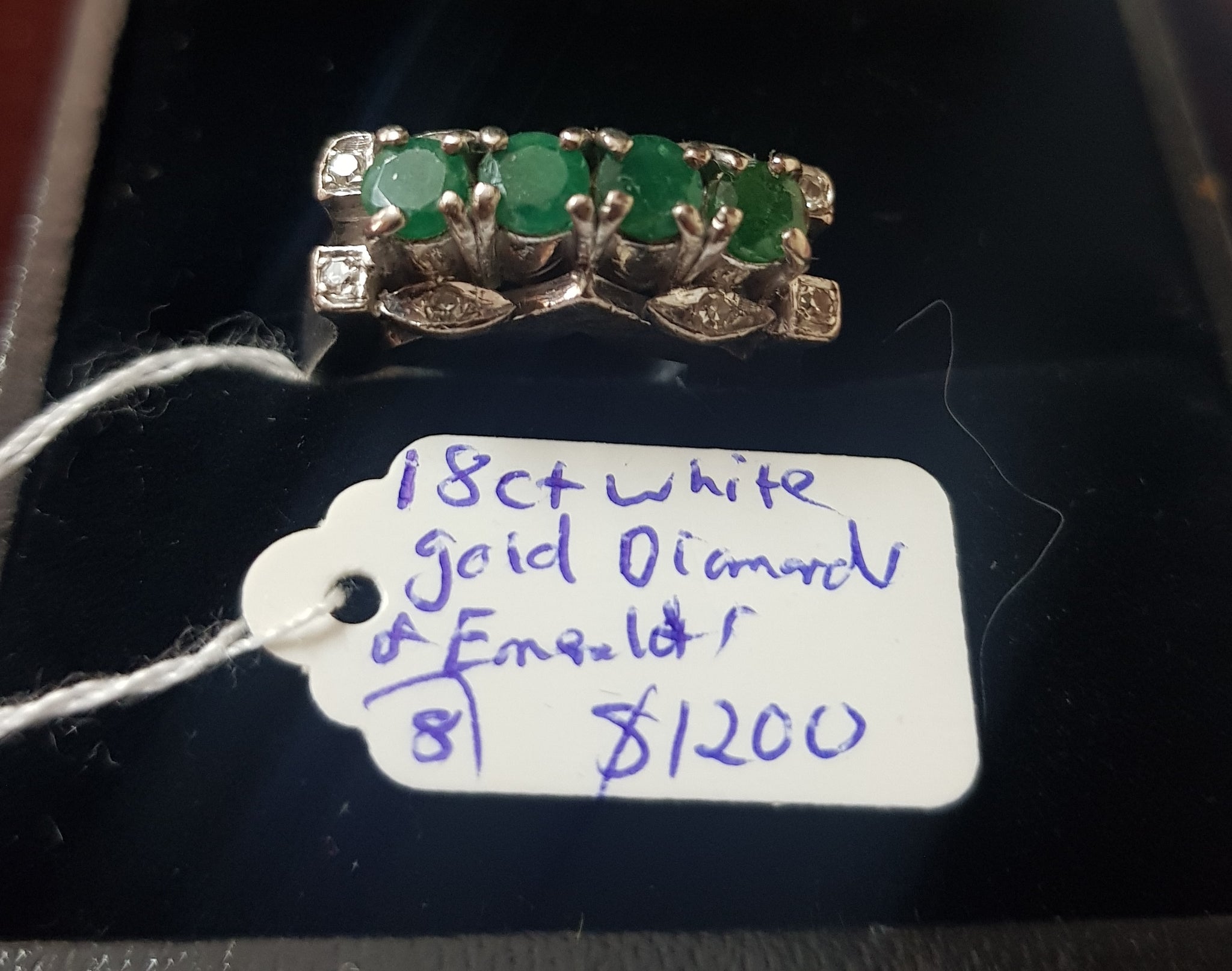 c1970 18ct White Gold, Emeralds and Diamond ring #8