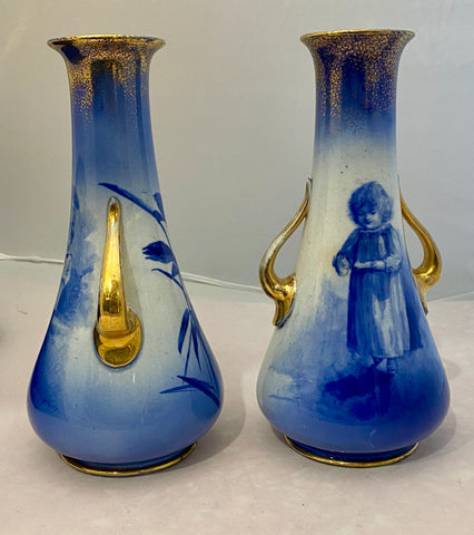 Blue Children Pair Vases BP and Co Pottery Burslem England