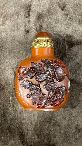 Early Qing 1700-1770 Cornelian Snuff Bottle enscribed live fish attract attention hopefully living a fair period