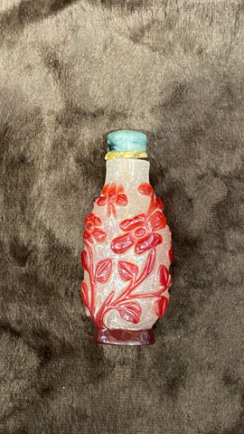 Late Qing Chinese Overlay Glass Snuff Bottle Nephrite Jade Stopper